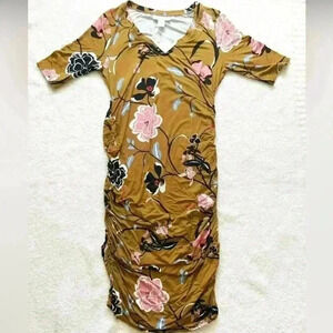 Motherhood Maternity Dress Womens Size  M mustard Brown Floral Knee Length